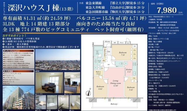 世田谷区深沢　深沢ﾊｳｽ　3LDK　ﾏﾝｼｮﾝのご紹介